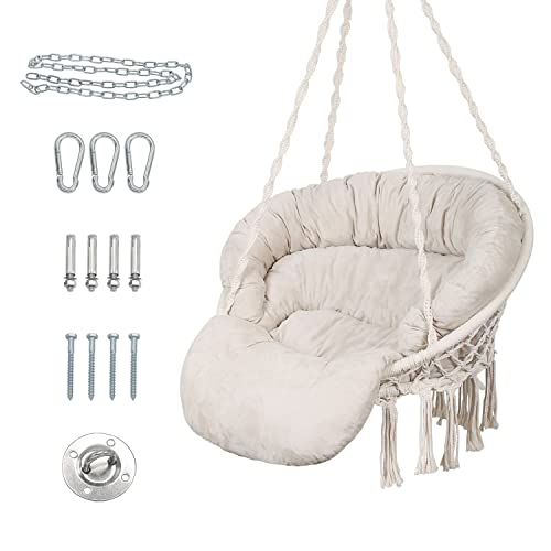 Hammock Chair with Cushion, Handmade Macrame Swing Chair with Hanging Hardware Kits, Bohemian Style Cotton Rope Hanging Chair for Bedroom Indoor Outdoor, Beige