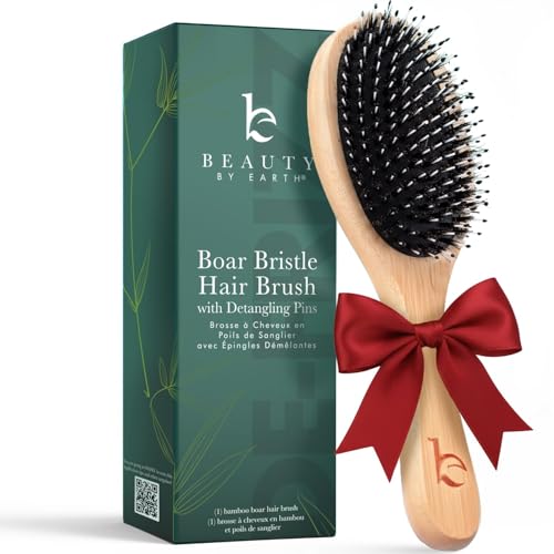 Boar Bristle Hair Brush - Natural Wooden Bamboo Handle Best for Styling,...