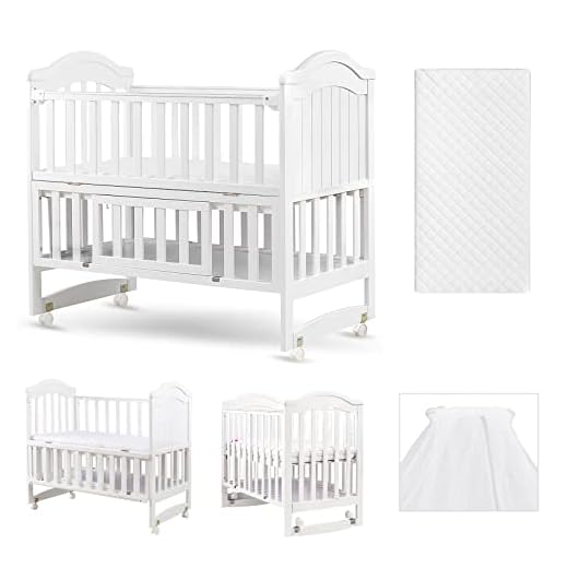 HARPPA 6 in 1 Baby Crib(Mattress + Mosquito Net Included), Convertible Crib for Infants with Wheels&Storage, Adjustable Mini Crib with 3 Height Settings for Toddlers, White