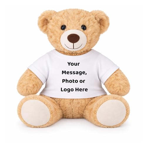Custom Design Teddy Bear with T-Shirt • Personalized Photo or Message • 13” Plush Gift for Valentine’s Day, Birthday, Anniversary • Heartfelt Hugs™ Collection (Warm Honey)