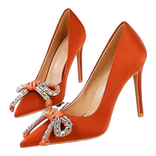 HEBHG Women's Satin Shiny Bow Stilettos Sexy Rhinestone Closed Pointed Toe Slip On Dress Pumps Fashion Elegant Versatile Wedding Bridal Party Shoes (Orange-3.94inch,11)