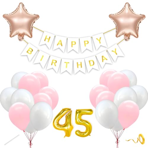 Image of Flyloons 45th Happy Birthday Decoration Kit Pink White for Boys Girls Men Women Adults With 20 Pcs Pastel Balloons Birthday Banner 2 Pcs Star Items Set