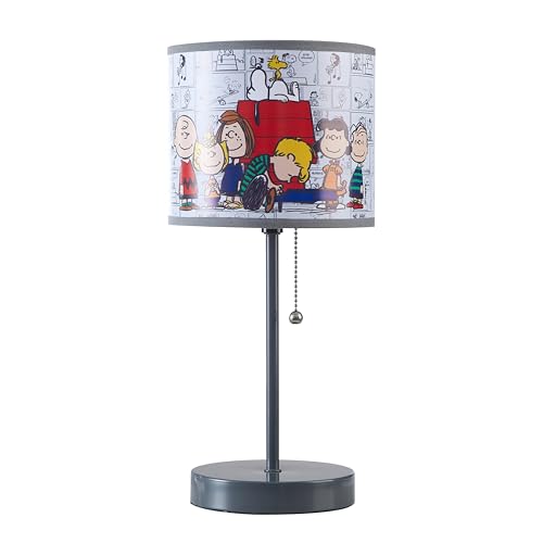 Idea Nuova Table Lamp for Kids, Stick Lamp with Printed Shade & Pull Chain, Bedroom or Nursery Nightstand Lighting,Peanuts