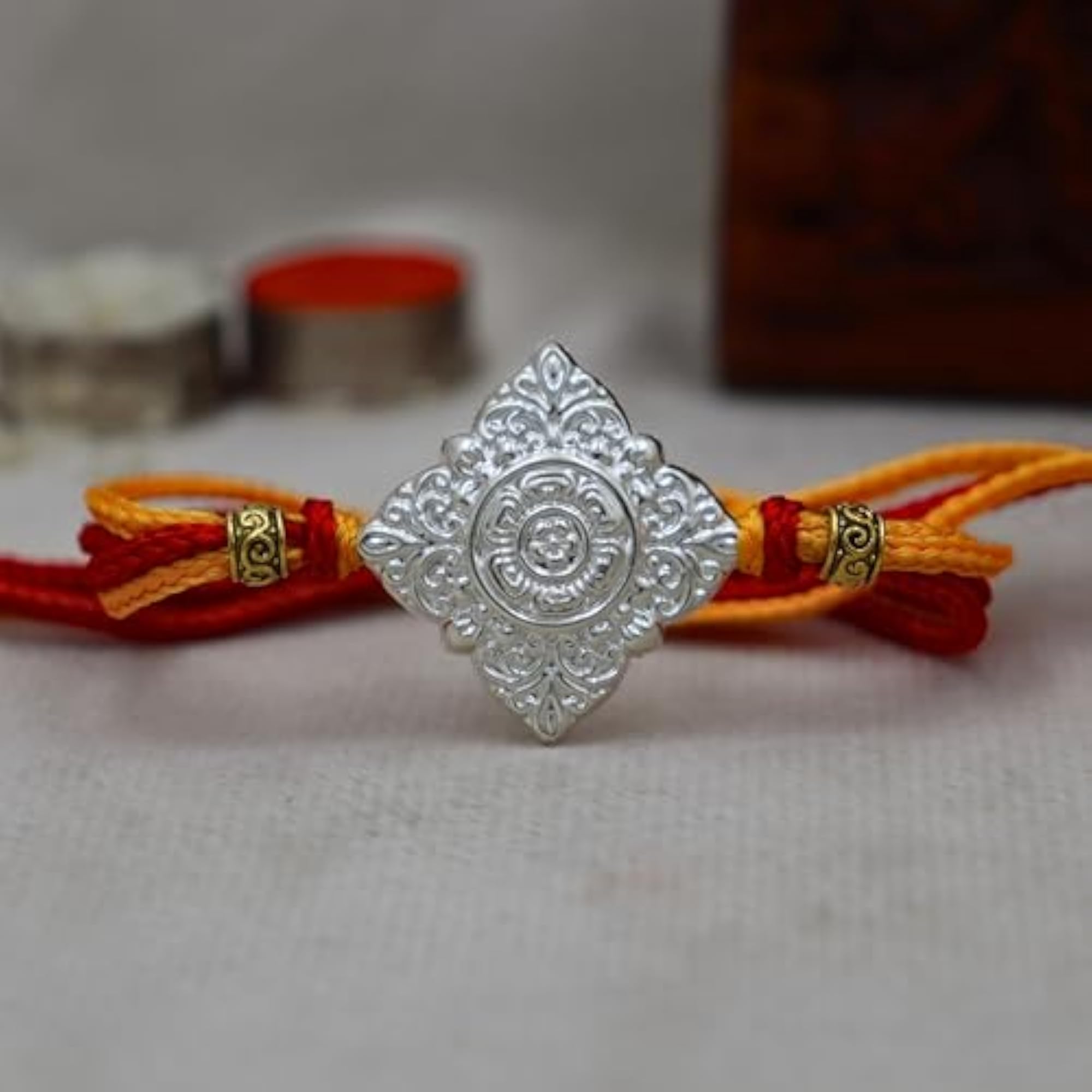 925 Sterling Silver Rakhi Thread for Brother, Handcrafted Floral Design