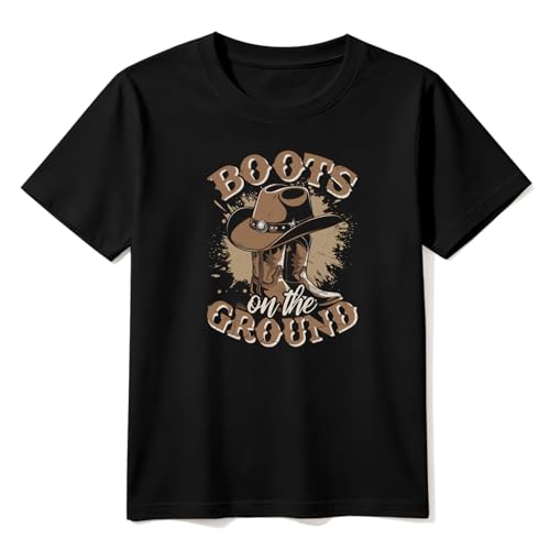 Cowboy Shirts for Boys Vintage Western Style Denim Graphic Cotton Crew Neck T-Shirt Size: 2-7 Years (US Age 6 Years 7 Years Black Boots Croud)