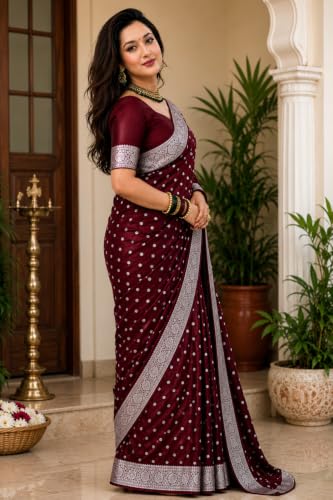Image of Women's Glory Banarasi Satin Silk Saree with Rich Gold Silver Zari Floral Embroidery | Kanjivaram Style | Traditional Wedding & Festive sadi with Contrast Border