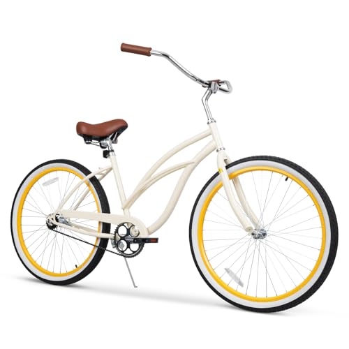RideOrigin Beach Cruiser Bike for Women and Men, 24 Inch Single Speed Adult Cruiser Bicycle with Coaster Brake, Comfortable Seat Riding Position, Steel Frame Bike for Beach, City Rides Beige