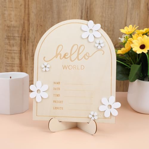 Image of Wooden Hello World Newborn Sign Baby Announcement Sign for Baby Showers Daisy Newborn Birth Announcement Board Welcome Darling Shower Gifts for Hospital Nursery with Photo Frame and Stand