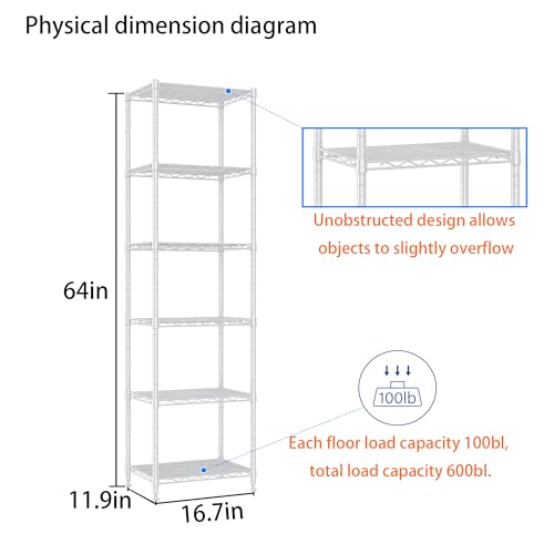 Image of REGILLER 6 Wire Shelving Steel Storage Rack Adjustable Unit Shelves for Laundry Bathroom Kitchen Pantry Closet (16.7L x 11.9W x 64H, White)