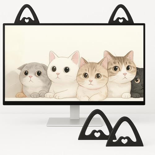 Thyle 2 Pcs Cat Ears Computer Monitor Decor Black 3D Wood Cute Computer Decor Coquettish PC Decorations Mini Laptop Office Decoration Christmas Gamer Gift for Women