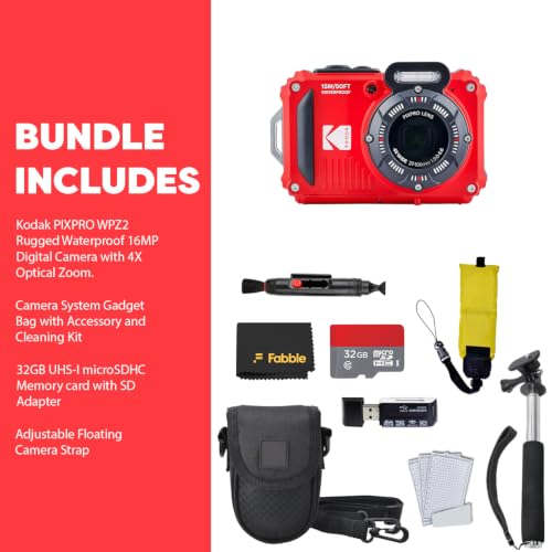 Image of KODAK PIXPRO WPZ2 Rugged Waterproof Digital Camera, Red Bundles with Case, Monopod, Card Reader and More (9 Items)