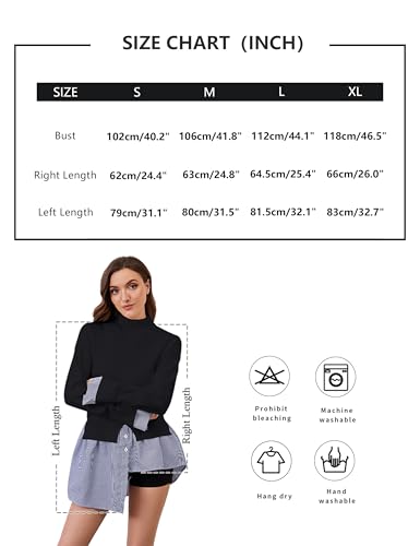 Image of HOCANDY Women Split Turtleneck Sweater 2 in 1 Button Down Patchwork Peplum Blouse Sweaters Asymmetrical Pullover Knit Sweater White