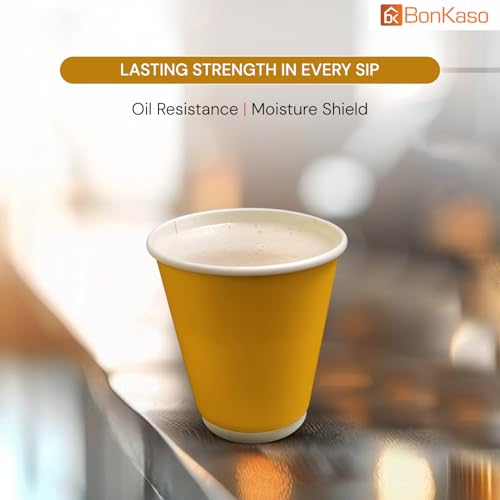 Image of BonKaso 360ml Double Wall Disposable Cups | Beer-Style Ripple Glass for Hot & Cold Drinks | Insulated Leak-Resistant Beverage Glasses for Events & Cafes - Yellow - Pack of 25