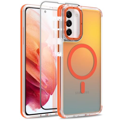 Image of Magnetic Case for Samsung Galaxy S21 Plus [Compatible with Magsafe] [Cute Fashion Fluorescent Design] [1 Screen Protector] Slim Translucent Matte Case for Galaxy S21 Plus 6.7 inch, Orange