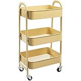 AGTEK Makeup Cart, Movable Rolling Organizer Cart, Khaki Yellow 3 Tier Metal Utility Cart