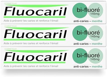 FLUOCARIL - Dentifrice Anti-Caries Bi-fluoré 145mg - Arôme/Goût Menthe - Email renforcé et dents fortes - Aide à prévenir les caries, Haleine fraîche (lot de 3x 75ml)