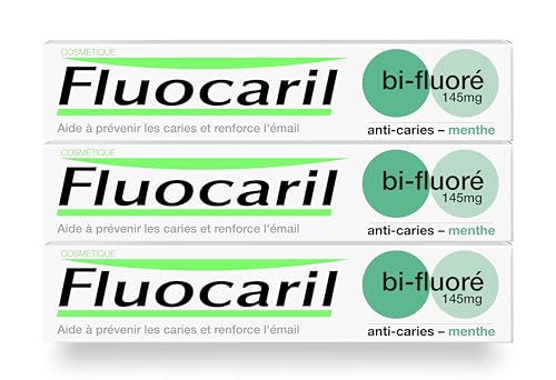 FLUOCARIL - Dentifrice Anti-Caries Bi-fluoré 145mg - Arôme/Goût Menthe - Email renforcé et dents fortes - Aide à prévenir les caries, Haleine fraîche (lot de 3x 75ml)