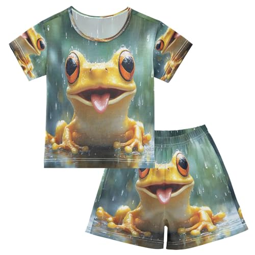 ALAZA Cute Frog Rain Pajamas Set Short Sleeve Cotton Sleepwear Summer Pjs 2 Piece 5-14Y