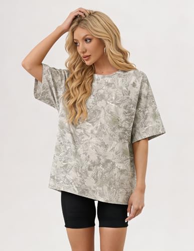 Image of MSBESYOR Camo Shirt for Women Maple Leaf Print Short Sleeve Crewneck T-Shirts Summer Oversized Tee Shirts Streetwear
