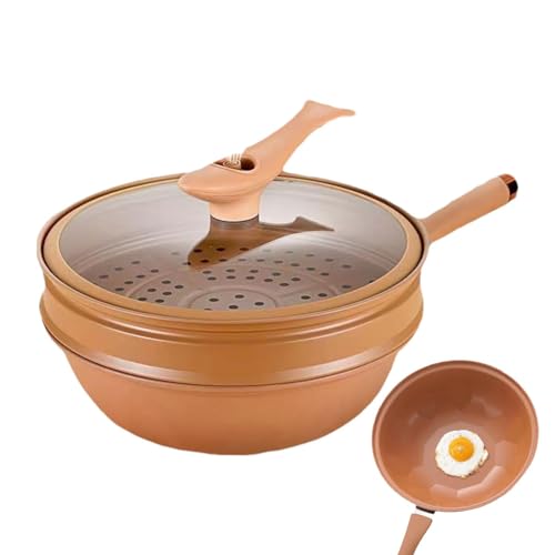 Wok de Hierro con Tapa - Sartén Wok Pequeña para Cocinar, Freír y Cocer al Vapor | Wok de hierro de fondo que concentra la energía para un calentamiento uniforme | Juego de sartenes grandes