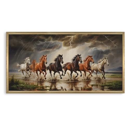 Image of PAPER PLANE DESIGN Seven Running Horses HD Canvas Print Wall Art - Premium Vastu Golden Box Frame With Acrylic - Elegant Home & Office Decor - Size: 2 x 4 Feet. (A)