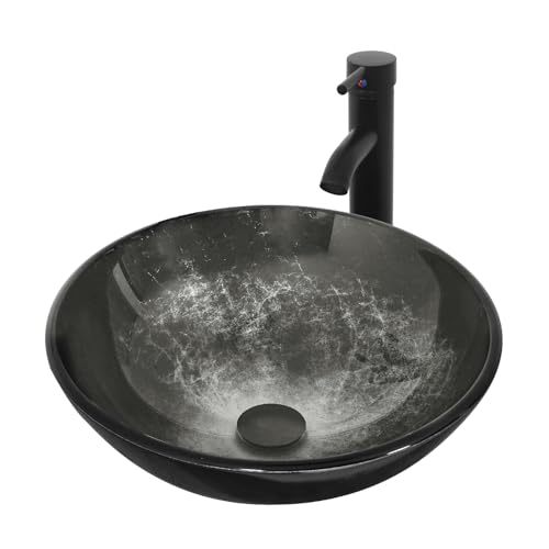 Bathroom Artistic Vessel Sink, Tempered Glass Vanity Round Bowl with Oil Rubber Bronze Faucet and...