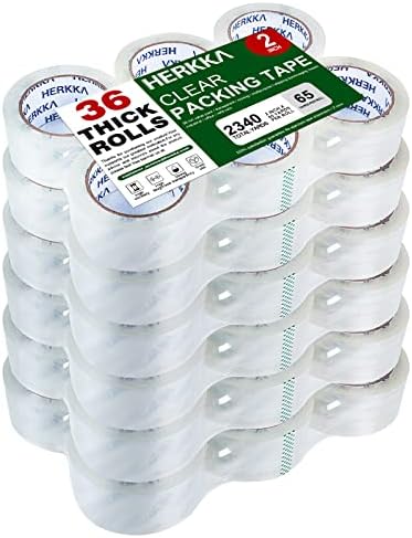 HERKKA Clear Packing Tape, 36 Rolls Heavy Duty Packaging Tape for Shipping Packaging Moving Sealing, Thicker Clear Packing Tape, 2 inches Wide, 65 Yards Per Roll, 2340 Total Yards