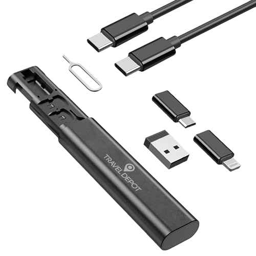 Travel Depot USB C Adapter OTG Cable Kit, L Connector to Type C Converter Case, Conversion Set A Type C L Micro USB Adapter Kit, 60W Charging & Data Transfer Cable Set w/SIM Tray Eject Tool, Black