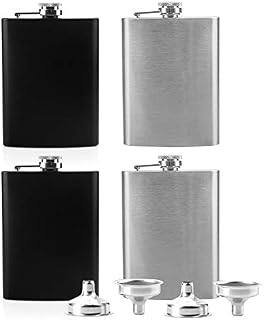 Tebery 4 Pack 8 oz Hip Flask with Funnel, Stainless Steel Whiskey Flask, Leakproof, Portable Liquor Hip Flask for Men (Black & Silver)