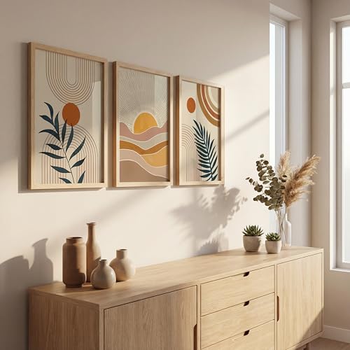 Image of NoWorries Boho art Framed Painting Set of 3 | Abstract prints mid century modern decor Frames | Sun wall art neutral wall decor minimalist line art | Botanical leaf prints scandinavian wall art Fame | Beige aesthetic Decor for living room, bedroom, office and gallery (Art-13, 13x19inch, Wooden)