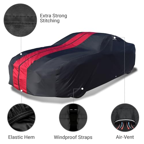 Image of Coverland Custom Car Cover Waterproof All Weather for 1953-1957 Chevy Corvette C1, Weatherproof Car Covers for Automobiles, Rain, Snow, Sun Protection, Full Exterior Covers, Stripe(Black /Red)