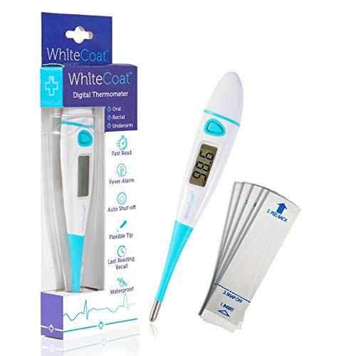 White Coat Fast Reading Digital Thermometer for Oral Rectal and Underarm Use with Flexible Tip and Fever Body Temperature Indicator for Baby Child Adult and Pets, Bonus 30 Probe Covers Included