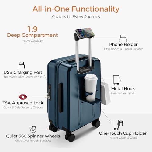 Image of Carry On Luggage Top Opening with Cup Holder & Phone Holder, Expandable PC Hard Shell Suitcase, USB Charging Port, Side Hook, 360 Spinner Wheels, TSA Lock & YKK Zippers for Fathers Day Gift