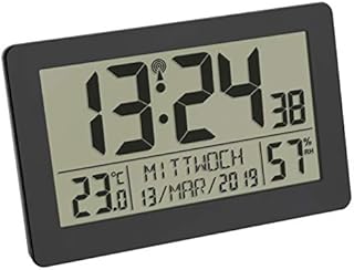 TFA Dostmann Digitale Funk-Wanduhr, großes Display, mit Temperaturanzeige, Datum, Wochentage, Kunststoff, Schwarz, L 206 x B 30 (59) x H 130 mm