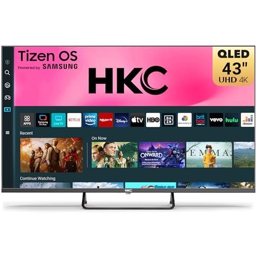 HKC 43 inch 4K QLED Smart TV Central Stand Design Tizen OS UHD Television with AppleTV+ Netflix Freeview Gaming Hub MEMC HDR10 Ideal Large Screen for Liaving Room Made in the UK