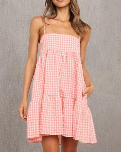 Image of Womens Summer Plaid A-line Sleeveless Casual Flowy Mini Sundress