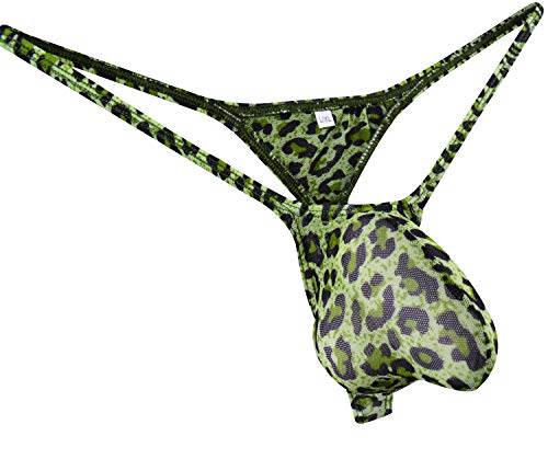 WOSESE Mens G-String Bulge Pouch C-Thru Sheer Thongs Leopard WSS38 (S/M fit Waist 27''-33'', Green)