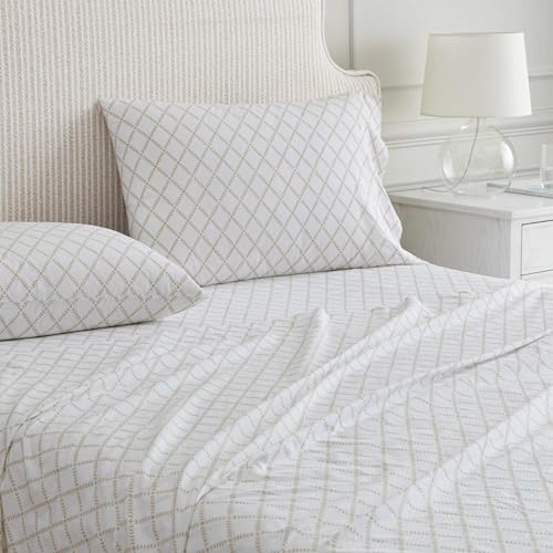 Image of Martha Stewart - Full Size Sheet Set, Crisp & Tailored Sheets with a Smooth Cotton Percale Feel - Striped Bed Sheets with Matching Pillowcases & Fitted Sheet (Leaf Trellis Beige)