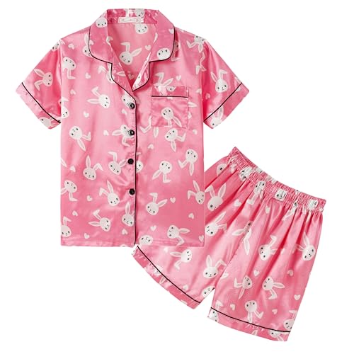 Hupohoi Unisex Kids Boys and Girls Pajama Sets Summer Short Sleeve With Shorts Sleepwear Silky Button Down Loungewear 2pcs-Pink Bunny 12