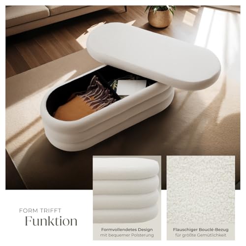 tectake® Sitzbank mit Stauraum, Sitzhocker, Hocker mit Stauraum, Stoff, Pouf, Polsterhocker, Sitztruhe, Truhe mit Deckel, Truhenbank mit Stauraum, Möbel für Wohnzimmer, 110x45x42cm - Bouclé créme-weiß