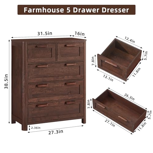 Image of Joaxswe Farmhouse 5 Drawer Dresser for Bedroom, Vertical Dressers Chest of Drawers with 5 Deep Drawers & 4 Thickened Table Legs & Rounded Corners, Walnut