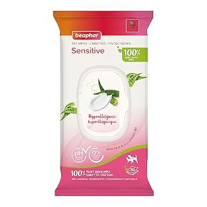 Beaphar – Pet Wipes – Sensitive Grooming Wipes for Cats & Dogs – 100% Plant-Based, Biodegradable Wipes – With Aloe vera –30 Wipes – pH neutral – Hypoallergenic – No perfume, ideal for sensitive skin