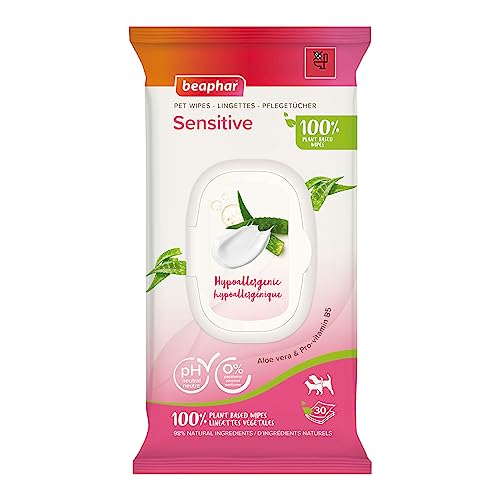 Beaphar - Pet Wipes - Sensitive Grooming Wipes for Cats & Dogs - 100% Plant-Based Biodegradable Wipes With Aloe vera 30 Wipes pH neutral Hypoallergenic - No perfume ideal for sensitive skin