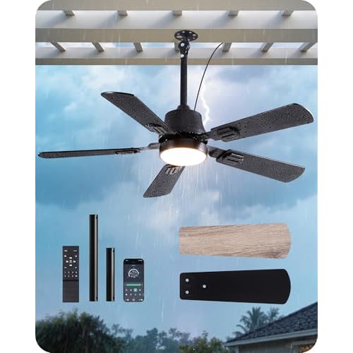 EDISHINE 42" Outdoor Ceiling Fan with Light, IP66 Waterproof Gazebo Hanging Fan, 4800 CFM, 3CCT, APP/Remote Control, 5 Wood Blade, 6-Speed Winds, Plug in Ceiling Fans for Patios Porch Pergol