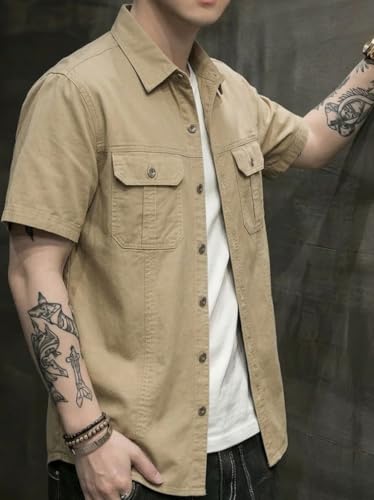Image of SMOWKLY Men's Casual Solid Printed Cotton Regular Fit Shirt || Half Sleeve, Button Down, Double Front Pocket || Denim Jacket Style Fashionable Western Outfit
