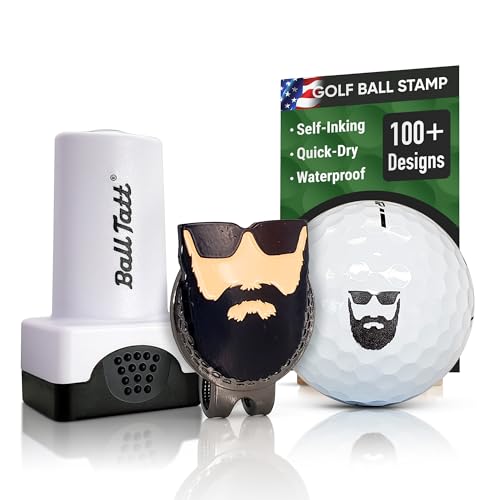 Ball Tatt Golf Ball Stamp, with 1.25" Hat Clip and Custom Marker, Beard Man