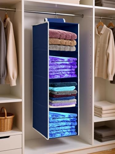 Image of Hanging Closet Organizer for Clothes Storage | Foldable Wardrobe Hanging Storage Rack | Non-Woven Multipurpose Cupboard Organizer for Clothes, Towels & Accessories (Blue, Pack of 1, 4)