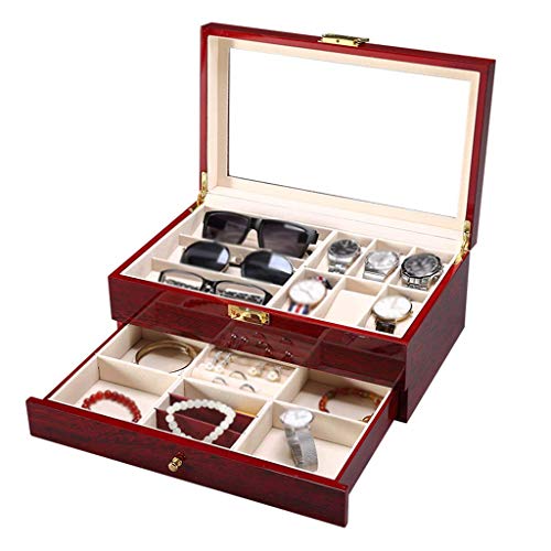 H.yina Boîte à Montres en Bois à 6 rangements avec étagère de Bijoux, étagère de Montre avec Couvercle en Verre, Support de Montre avec Doublure en Velours, Fermoir en métal, Rouge Cover