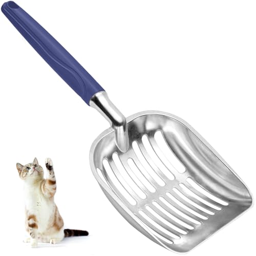 Cat Litter Scoop, Metal Cat Scooper, Plastic Handle Scoop, Sifting Shovel – Heavy Duty Aluminum Alloy Litter Box Scoop with Deep Mesh, Design for Easy Waste Removal and Cleaning(Dark Blue)