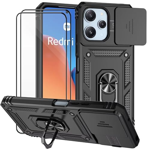 Dechyi Funda para Xiaomi Redmi 12/Redmi 12 5G Carcasa Cubierta de Cámara Deslizante Vidrio Templado con Soporte de Anillo-Negro